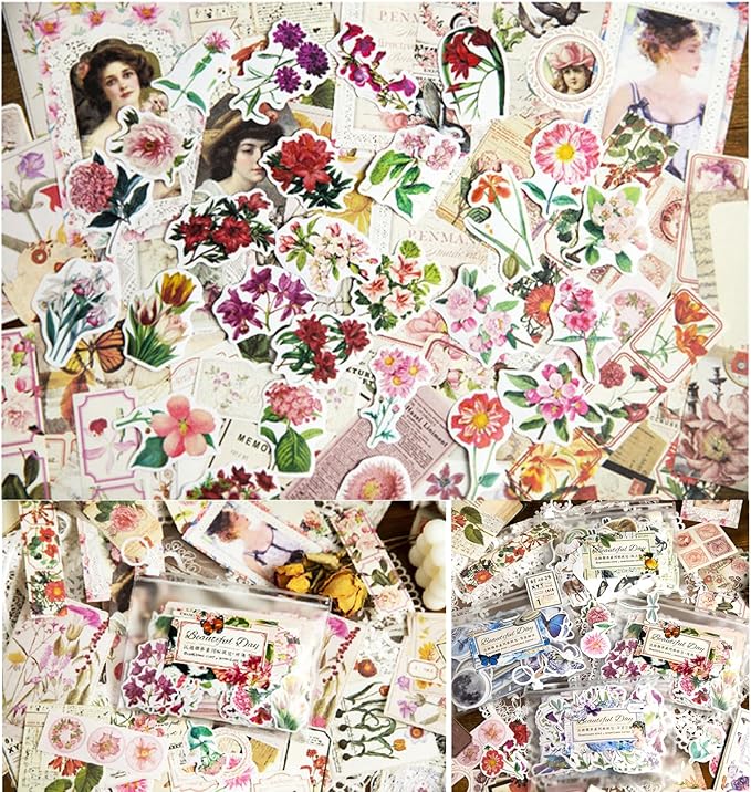 Esweny 200PCS Vintage Scrapbooking Supplies Pack, Aesthetic Scrapbook Sticker Paper Art Journaling Kit for Junk Journals,Planner,Cottagecore Decor Gifts (Pink Series)