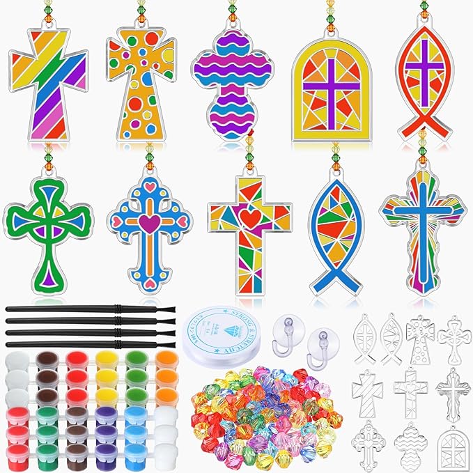 WinnerWhy 30 Sets Easter Christian Ornaments Kits Bulk, DIY Cross Suncatchers Window Art Religious Crafts Paint Your Own Cross Window Home Ornaments for Party Decor