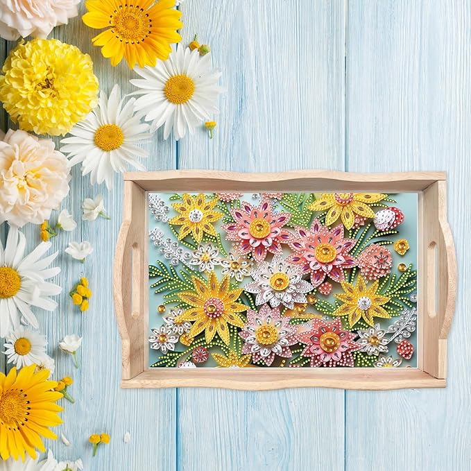 DIY Diamond Art Wooden Tray Kit, Food Tray with Handle Diamond Painted Table Decoration Tray, for Breakfast, Bar Dinner Table Diamond Dots Gem Painting Art Set for Beginners-#38-Flower