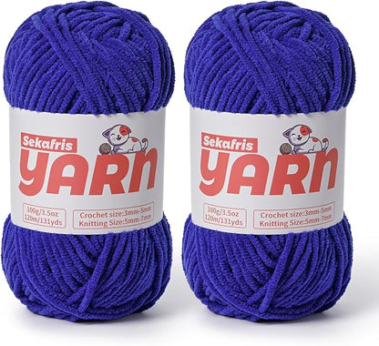 2 Pack Plush Chunky Chenille Yarn for Crocheting, Soft Fluffy Velvet Yarn for Crocheting Amigurumi, Fuzzy Baby Blanket Knitting 200g/262yds Bulky(2 Sapphire Blue)