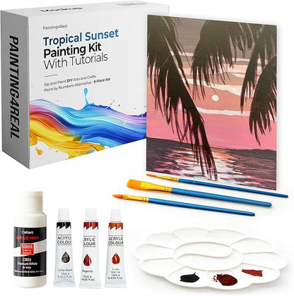 Painting4Real DIY Art Painting Kit for Adults – Learn to Paint Tropical Sunset with Video Tutorials – 9 Pieces Acrylic Paint Set for Adults –Perfect Christmas Crafts & Holiday Gifts for Art Lovers