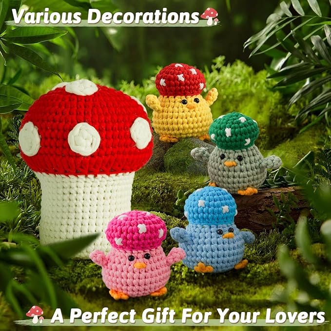 Crochet Kit for Beginners - Adorable Animal Crocheting Set with 4 Chicks and 1 Big Mushroom, DIY Craft with Step-by-Step Video Tutorials, Learn to Crochet Kit for Adults Kid, Ideal Christmas Gift