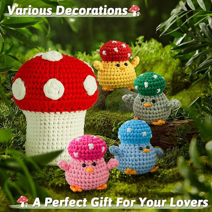 Crochet Kit for Beginners - Adorable Animal Crocheting Set with 4 Chicks and 1 Big Mushroom, DIY Craft with Step-by-Step Video Tutorials, Learn to Crochet Kit for Adults Kid, Ideal Christmas Gift