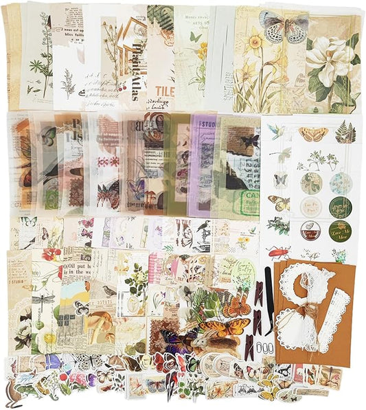 251PCS Vintage Scrapbook Supplies Pack, Scrapbooking Paper and Stickers Ephemera Bundle Junk Journal Kit for Art Aesthetic Journaling Collage Decoupage Craft (Flowers and Birds)