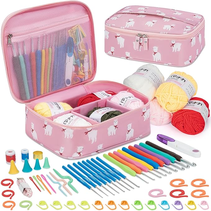 GMAK Crochet Kit for Beginners Adults, 59 PCS Crocheting Sets Include Yarn, Hooks and Tools, Portable Crochet Starter Kit for Making Variety Projects Crocheting Supplies, Pink Alpaca