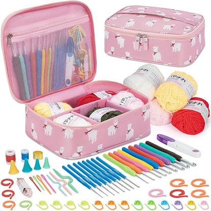 GMAK Crochet Kit for Beginners Adults, 59 PCS Crocheting Sets Include Yarn, Hooks and Tools, Portable Crochet Starter Kit for Making Variety Projects Crocheting Supplies, Pink Alpaca