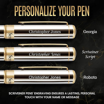 Scriveiner Personalized Silver Chrome Fountain Pen - Stunning Luxury Pen, Real Gold Plating, Schmidt Gilded Nib (Medium) Best Engraved Pen Gift Set for Men & Women, Custom Name Engraving