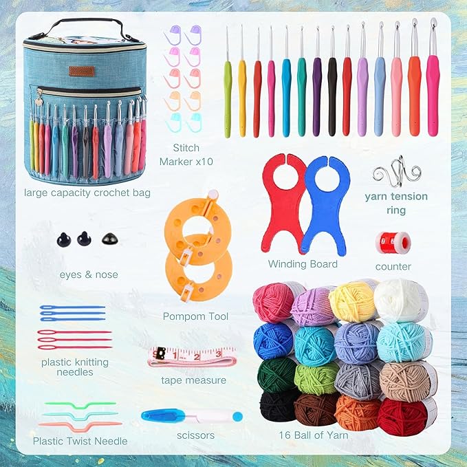 Yarniss Crochet Kits for Beginners,1120 Yards Yarn Kits 16 Colors,Crochet Set with 14 Size Ergonomic Crochet Hooks 2.0mm~10.0mm,Crochet Bag Organizer