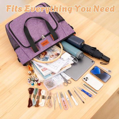 Embroidery Project Bag with Multiple Compartments & Shoulder Strap (Purple)