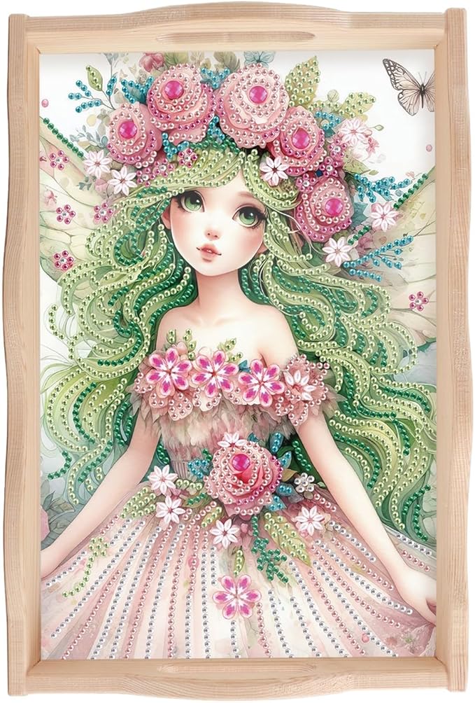 JISHSHAY Diamond Art Serving Tray Diamond Painting Food Tray Gem Art Serving Platter Gem Painting Mosaic Kits for Adults DIY Kits for Adults, with Wood Handle 20×30cm/7.87×11.81in, Fairy Elf