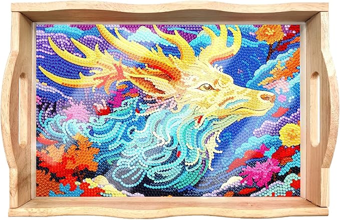 Generic DIY Art Painting Wooden Tray Kit, Food Tray with Handle Diamond Painted Table Decoration Tray, for Breakfast, Bar Dinner Table Diamond Dots Gem Painting Art Set for Beginners (#30-Elk)