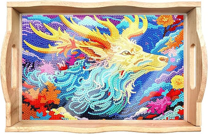 Generic DIY Art Painting Wooden Tray Kit, Food Tray with Handle Diamond Painted Table Decoration Tray, for Breakfast, Bar Dinner Table Diamond Dots Gem Painting Art Set for Beginners (#30-Elk)