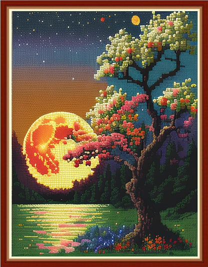 Redxing Cross Stitch Kit for Beginners Adults, 11CT Moonlight Scenery Stamped Kits Embroidery DIY Needlepoint Art Craft Kit, 15.7x19.7 inch