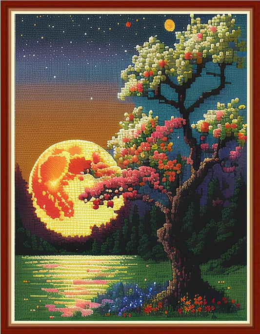 Redxing Cross Stitch Kit for Beginners Adults, 11CT Moonlight Scenery Stamped Kits Embroidery DIY Needlepoint Art Craft Kit, 15.7x19.7 inch