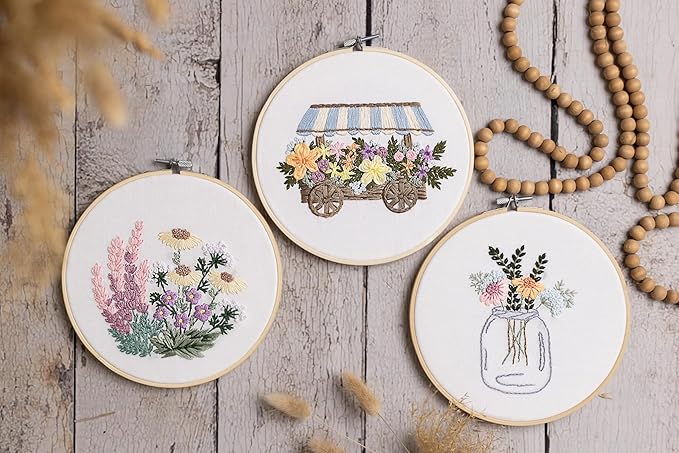 Looples Embroidery Kit for Beginners and Adults with Video Tutorials – DIY Starter Kit with 3 Stamped Floral Patterns, Hoops, Threads, Needles, and Instructions - Cart, Glass Jar, and Flowers