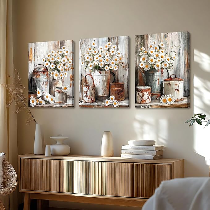 WENGTIAO 3Pcs Rustic Daisy Canvas Wall Art Fall Flower Prints Posters Vintage Country Flora Paintings Pictures Nature Botanical Artwork for Bedroom Living Room Bathroom 20x28x3