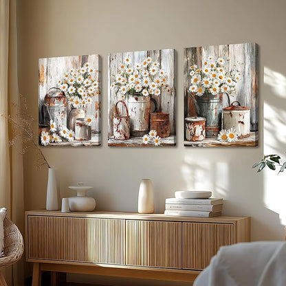 WENGTIAO 3Pcs Rustic Daisy Canvas Wall Art Fall Flower Prints Posters Vintage Country Flora Paintings Pictures Nature Botanical Artwork for Bedroom Living Room Bathroom 20x28x3