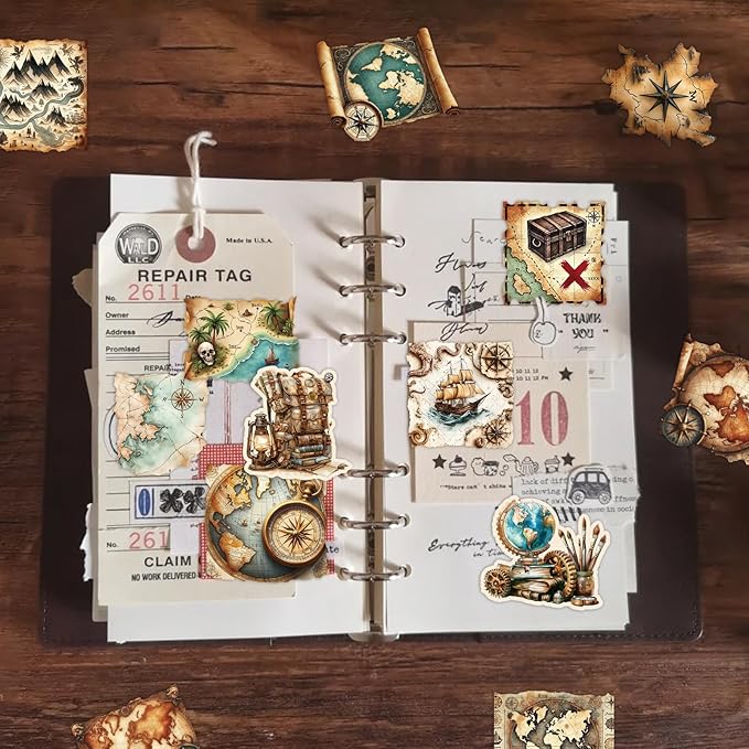 PRSTINCOL 100Pcs Vintage Sticker Pack,Cute Map Design Scrapbook Supplies, Vintage Aesthetic Junk Journal Accessories, Waterproof Vinyl Stickers for Water Bottles, Planners, Journals