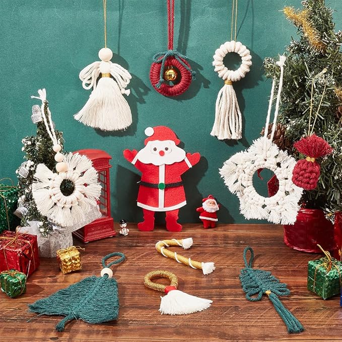 FREEBLOSS 10 Set DIY Macrame Christmas Oranments Macrame Xmas Gnomes Macrame Christmas Tree Macrame Hanging Ornament Kit Macrame Kits for Adults Beginners Macrame Supplies for Christmas Crafts