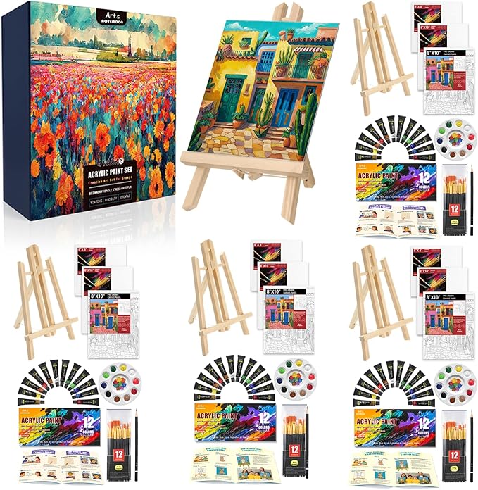 4 Pack Painting Set for Adults or Family Groups, 124 PCS Paint Sets with 4 Table Easels,48 Acrylic Paints,12 Pre-Drawn & Blank Canvases for Painting,48 Brushes,4 Pencils,4 Palettes and Painting Guides