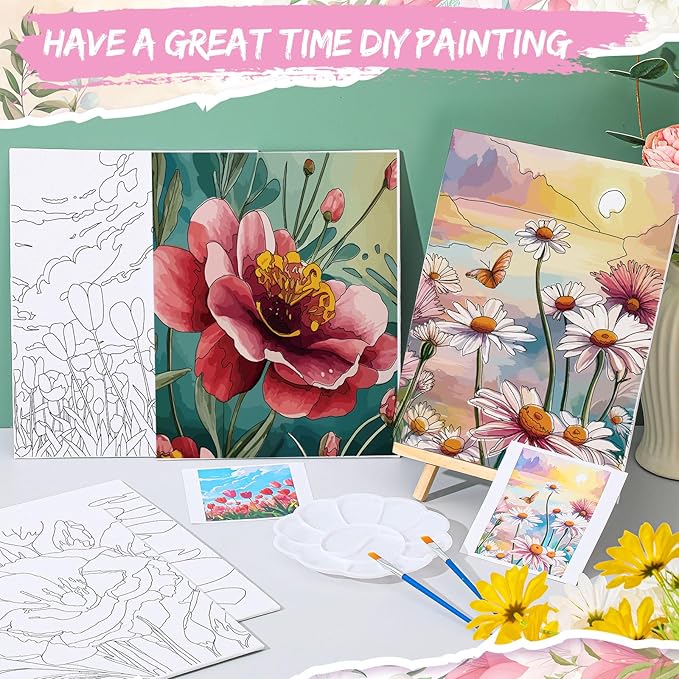 Tenceur 16 Sets Pre Drawn Canvas to Paint for Sip and Paint Party, 8 x 10 Inch Preprinted Framed Pre Sketched Coloring Canvas with Easels and Brushes for Adults Party Supplies(Flower)