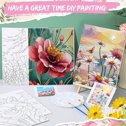 Tenceur 16 Sets Pre Drawn Canvas to Paint for Sip and Paint Party, 8 x 10 Inch Preprinted Framed Pre Sketched Coloring Canvas with Easels and Brushes for Adults Party Supplies(Flower)