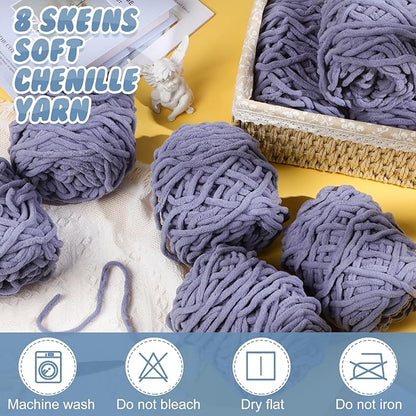 Buryeah 8 Pack Chunky Chenille Yarn for Crocheting Soft Thick Fluffy Yarn for Hand Knitting Bulky Velvet Blanket Plush for Weaving DIY Crafts Each 3.5 oz 55 Yards (Light Gray)