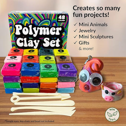 Polymer Clay Set - 48 Colors Oven Bake Clay, Colorful Modeling Clay Kit with 5 Tools for Sculpting, Jewelry Making, Beads, Earrings, Molds, and Crafts