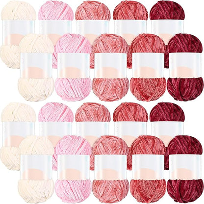 Woanger 20 Skeins Soft Chenille Yarn Velvet Blanket Yarn for Crocheting Hand Knitting Weaving DIY Craft, 93 Yards Each (Pink Tone)