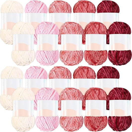 Woanger 20 Skeins Soft Chenille Yarn Velvet Blanket Yarn for Crocheting Hand Knitting Weaving DIY Craft, 93 Yards Each (Pink Tone)