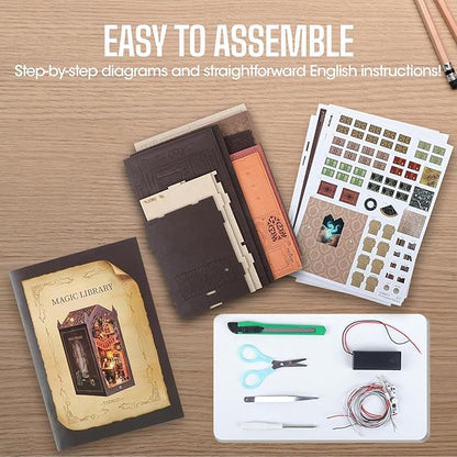 HURUC Book Nook Kit – Library Theme DIY Booknook with LED Lights | Book Nook Kits for Adults, Teens | Beginner-Friendly Nook Book for Home Décor | Perfect Booknook DIY Kit Gift