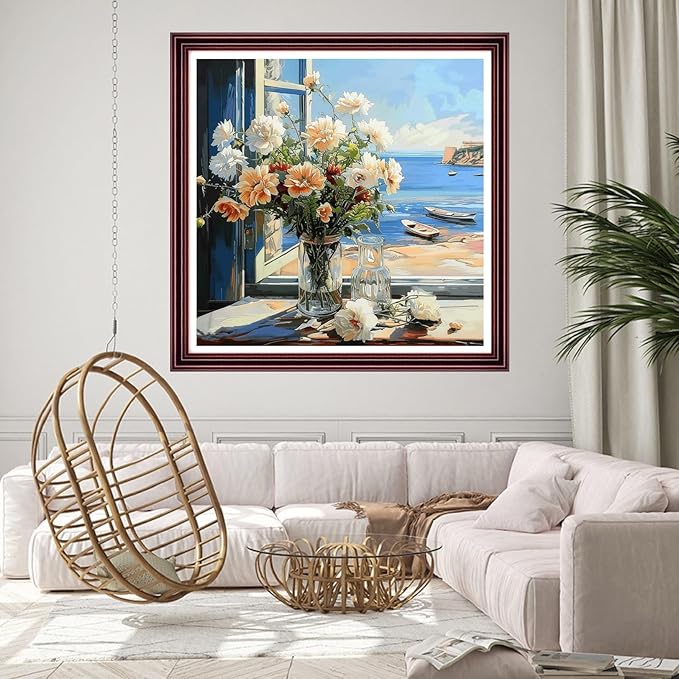 DMCCRAFT Stamped Cross Stitch Kits for Adults 11CT Printed Cross-Stitch Patterns Embroidery Kits Easy Cross Stitching Needlepoint Kits Crossstitch-Window sill Flower Scenery 18x18 inch