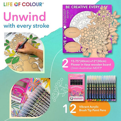 Life of Colour Painting Kit - Color Your Own 2 Flower in Vase Boards Acrylic Paint Pens for No Mess Painting - 15.7 x 11.8 Inches for Joyful Display - Arts and Crafts for Adults