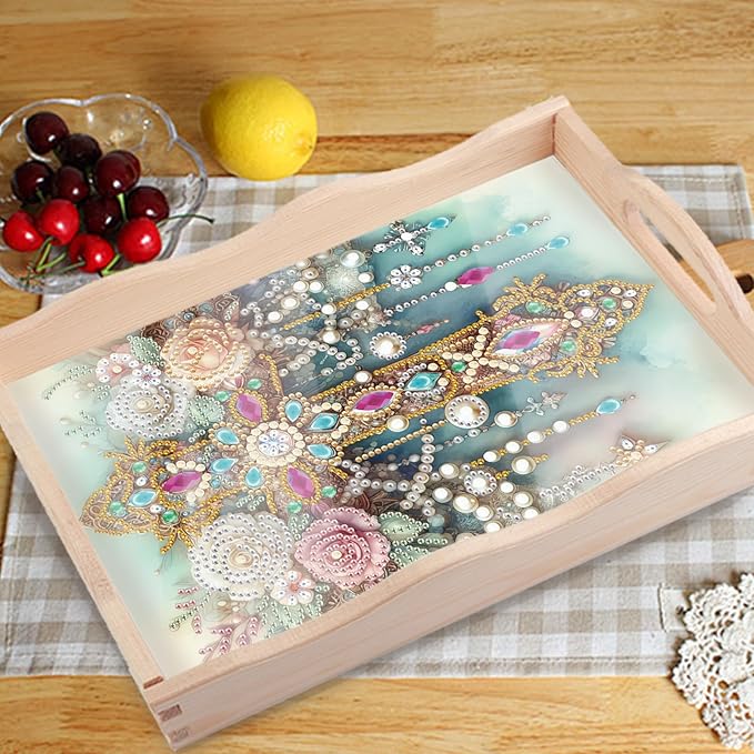 JZHYOAN Flower Diamond Painting Trays for Adults, DIY Cross Creative Design, Kitchen Platters for Entertaining Breakfast Coffee Table Decoration for Living Room Coffee Serving Table Tray