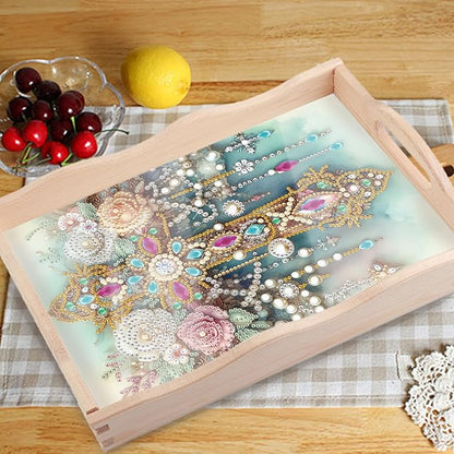 JZHYOAN Flower Diamond Painting Trays for Adults, DIY Cross Creative Design, Kitchen Platters for Entertaining Breakfast Coffee Table Decoration for Living Room Coffee Serving Table Tray