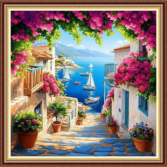 Funart Stamped Cross Stitch Kits for Beginners Full Range of Cross Stitching Preprinted Embroidery Kits for Adults, 11CT Embroidery Pattern Needlepoint Kits-Seaside Flower Street 18x18 inch