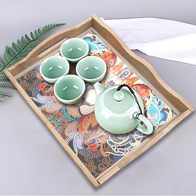 DIY Art Painting Wooden Tray Kit, Food Tray with Handle Diamond Painted Table Decoration Tray, for Breakfast, Bar Dinner Table Diamond Dots Gem Painting Art Set for Beginners (#29-Lion)