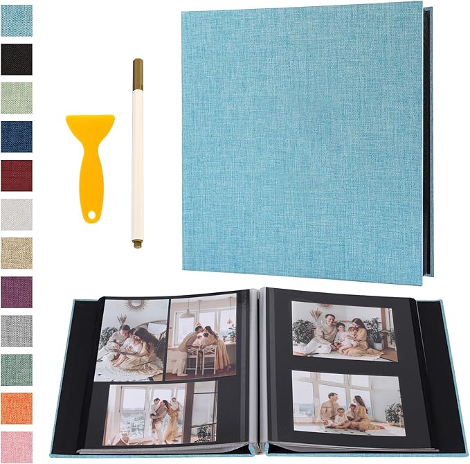 Photo Album Self Adhesive Pages Black Sticky Pages Large Scrapbook Linen Cover for 4x6 5x7 8x10 Pictures Album de Fotos Wedding Couples Baby Family Memory Book, 11x10.6 Light Blue 40 Pages