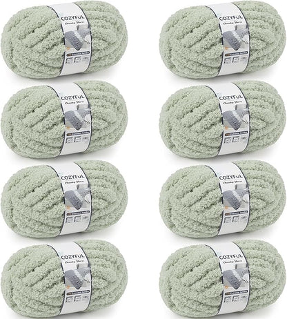 Chunky Yarn for Hand Knitting - #10 Chunky Chenille Yarn, Jumbo Big Thick Chunky Yarns for Crocheting, Super Bulky Chunky Knit Blanket Yarns, 8 Skein (25 yds 8 oz Each Skein), Sage Green
