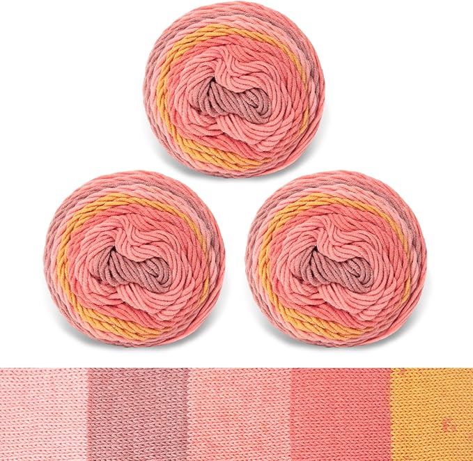 Franel Cotton Acrylic Yarn-45% Cotton 55% Acrylic, 3 Skeins of 100g Each, Soft Pink - Orange Gradients, Perfect for Crocheting Knitting Scarves Shawls Blankets Gradient Variegated Yarn