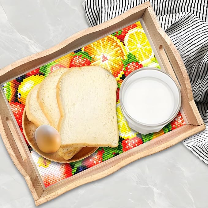 DIY Art Painting Wooden Tray Kit, Food Tray with Handle Diamond Painted Table Decoration Tray, for Breakfast, Bar Dinner Table Diamond Dots Gem Painting Art Set for Beginners (#16-Fruit)
