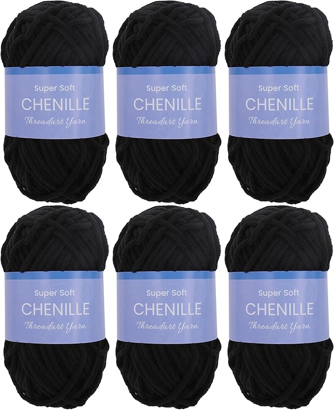 6 Pack ThreadArt Chenille Yarn for Crocheting, Knitting, Amigurumi, Super Soft Plush Velvet Yarn - 50 Gram 60 yds #5 Fluffy Yarn Skeins - Black 16