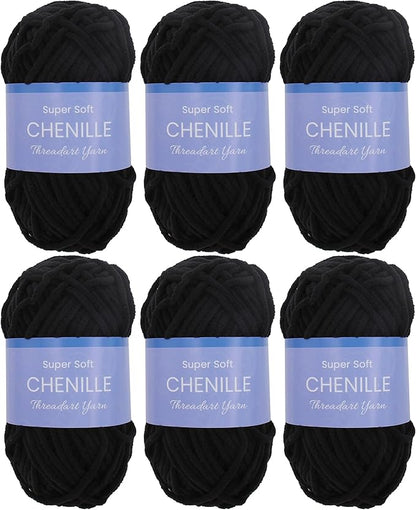 6 Pack ThreadArt Chenille Yarn for Crocheting, Knitting, Amigurumi, Super Soft Plush Velvet Yarn - 50 Gram 60 yds #5 Fluffy Yarn Skeins - Black 16