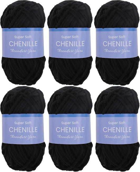 6 Pack ThreadArt Chenille Yarn for Crocheting, Knitting, Amigurumi, Super Soft Plush Velvet Yarn - 50 Gram 60 yds #5 Fluffy Yarn Skeins - Black 16