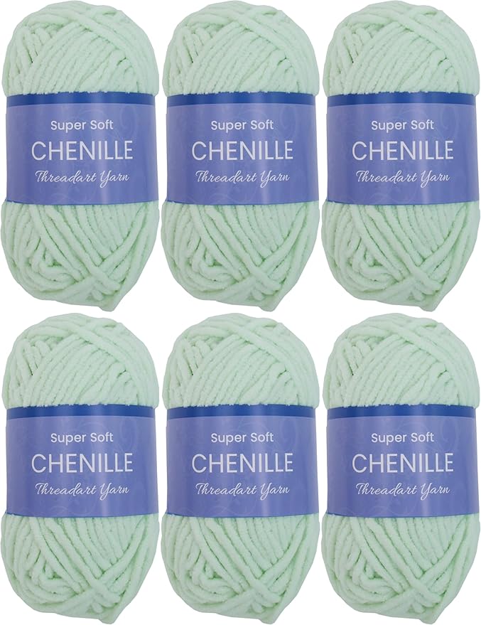 6 Pack ThreadArt Chenille Yarn for Crocheting, Knitting, Amigurumi, Super Soft Plush Velvet Yarn - 50 Gram 60 yds #5 Fluffy Yarn Skeins - Seafoam 26