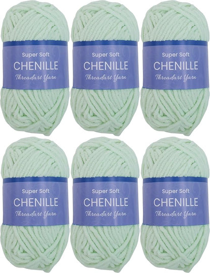 6 Pack ThreadArt Chenille Yarn for Crocheting, Knitting, Amigurumi, Super Soft Plush Velvet Yarn - 50 Gram 60 yds #5 Fluffy Yarn Skeins - Seafoam 26