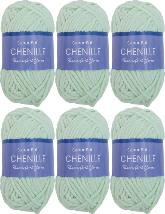 6 Pack ThreadArt Chenille Yarn for Crocheting, Knitting, Amigurumi, Super Soft Plush Velvet Yarn - 50 Gram 60 yds #5 Fluffy Yarn Skeins - Seafoam 26