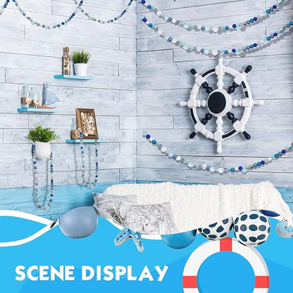 200 Pcs Ocean Theme Wood Beads for Crafts Colored Wooden Beads with Holes Blue Nautical Starfish Conch Seashell Round Spacer Crafts Kits Polished for DIY Art Summer Beach Party Decor