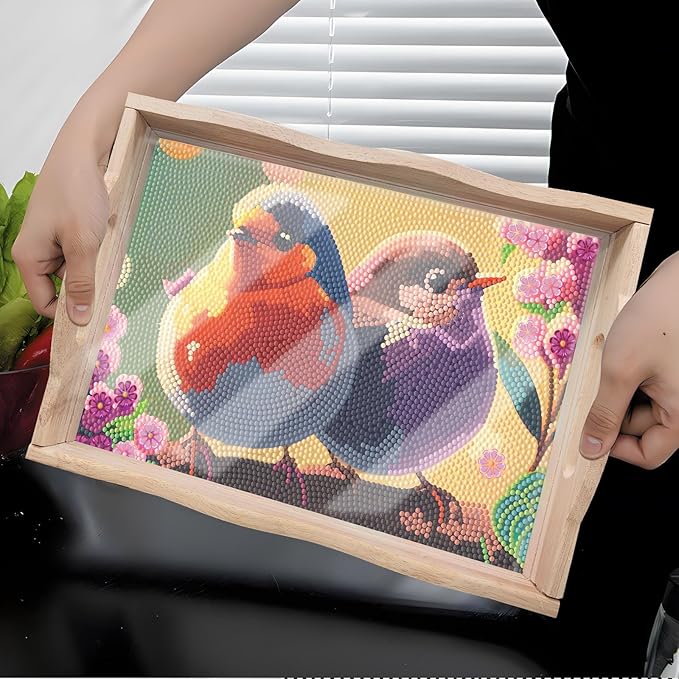 DIY Diamond Art Wooden Tray Kit, Food Tray with Handle Diamond Painted Table Decoration Tray, for Breakfast, Bar Dinner Table Diamond Dots Gem Painting Art Set for Beginners (#07-Bird)