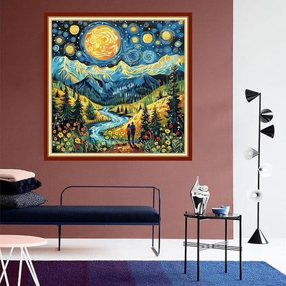 DMCVIVR Stamped Cross Stitch Kits for Beginners Adults Needlepoint Kits for Beginners Embroidery Kits for Adults Crossstitch Kit for Beginners 11CT-Couples Under The Starry Night 18x18 inchs